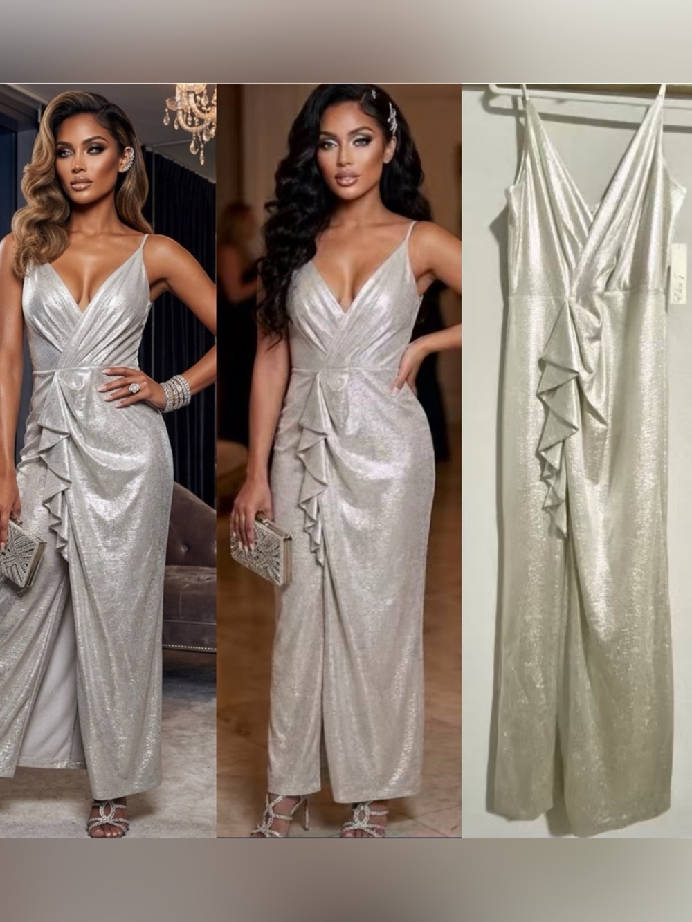 NWT Eliza J Silver Champagne Metallic Shimmer Waterfall Ruffle Evening Dress